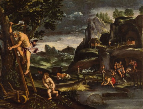 XVIIe siècle - Giovanni Francesco Grimaldi (1606 - 1680) -  Paysage animé avec Adam et Eve